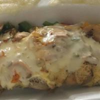 Vegetable Omelet · Fluffy omelette made with three fresh eggs, freshly diced peppers, onions, mushrooms, and ch...