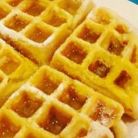 Belgian Waffle · House battered Belgian Waffle with butter and powdered sugar!!Add fruits or with egg for an ...