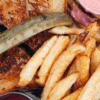 Bidwell Burger · “Patty melt”, caramelized onion, vintage cheddar, seeded rye bread, old school thousand isla...