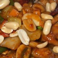 Kung Pao Chicken · Spicy. Tender diced chicken sautéed with dried chill pepper, topped with peanut, szechuan st...