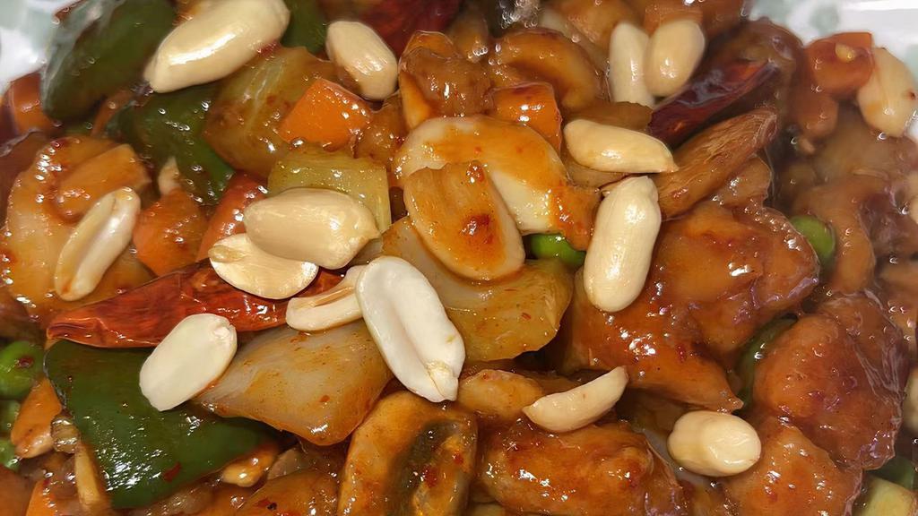 Kung Pao Chicken · Spicy. Tender diced chicken sautéed with dried chill pepper, topped with peanut, szechuan style.