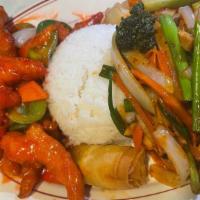 Spicy Vegetables With Teriyaki Chicken & Sweet & Sour Chicken · Includes egg roll.