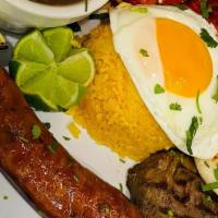 Bandeja Paisa · Marinated steak, chorizo casero, chicharron, fried egg, arepita, arroz amarillo, beans, avoc...