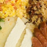 Calentado · Eggs, homemade cheese, arroz, frijoles, arepa Blanca, avocado.
ADD CHORIZO OR CHICHARRON