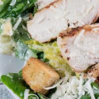 Chicken Caesar Salad · Our tender fire braised chicken breast on top of the traditional Caesar fixings, fresh chopp...
