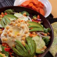 Hummus Salad · Vegan. Chickpeas, avocado, hummus, and fresh vegetables.