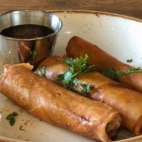 Chicken Spring Rolls · (3) deep fried spring rolls stuffed with ground chicken, cabbage, carrots, onions, cellophan...