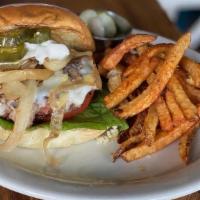 Veggie Burger · Beyond burger patty, lettuce tomato, swiss cheese, mushrooms, , sautéed onions, pickle jalap...