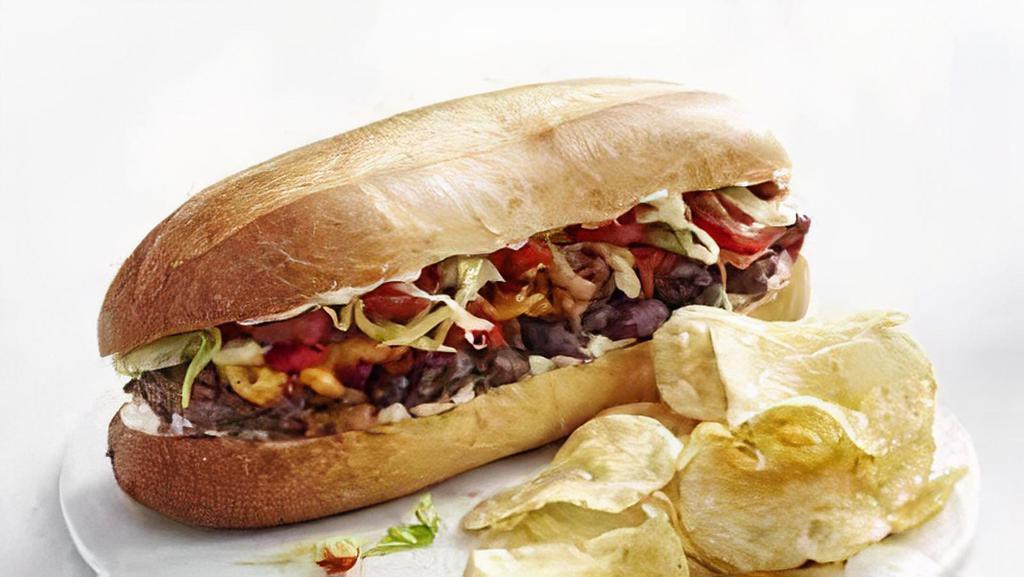 Cheeseburger Sub · Hamburger meat, american cheese, lettuce, tomato, onion, ketchup, mustard, mayo, oil & vinegar.
