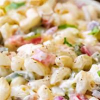Side Macaroni Salad · Macaroni, mayo mix, celery, red bell peppers, red onion.