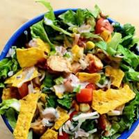 Taco Salad · Taco seasoned chicken, cheese, red onions, tomatoes, black beans, sour cream, avocado slices...