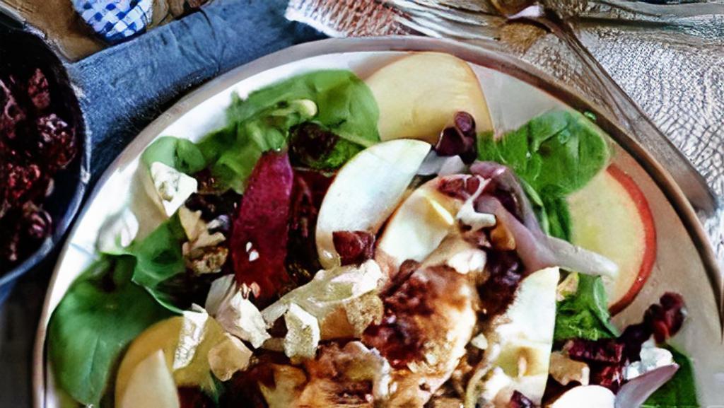 Cranberry-Walnut Delight · Romaine Lettuce, grilled chicken, your choice of bleu cheese crumbles or feta cheese, mushrooms, craisins, red apples, walnuts.