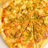 Grilled Chicken Pizza · Green peppers and onions sauce and cheese.