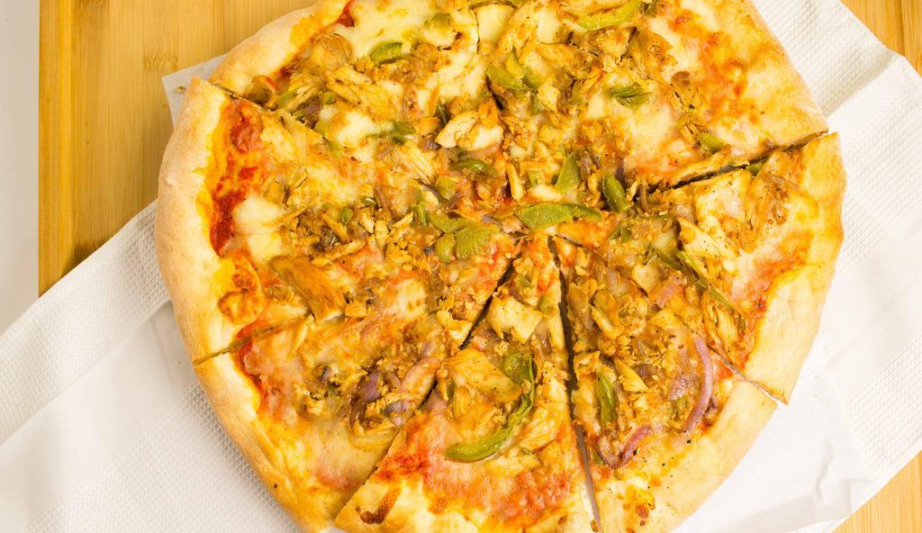 Grilled Chicken Pizza · Green peppers and onions sauce and cheese.