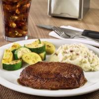 Sirloin Steak. · A USDA choice cut, 8 oz. seasoned sirloin steak. Served with two sides and dinner bread.