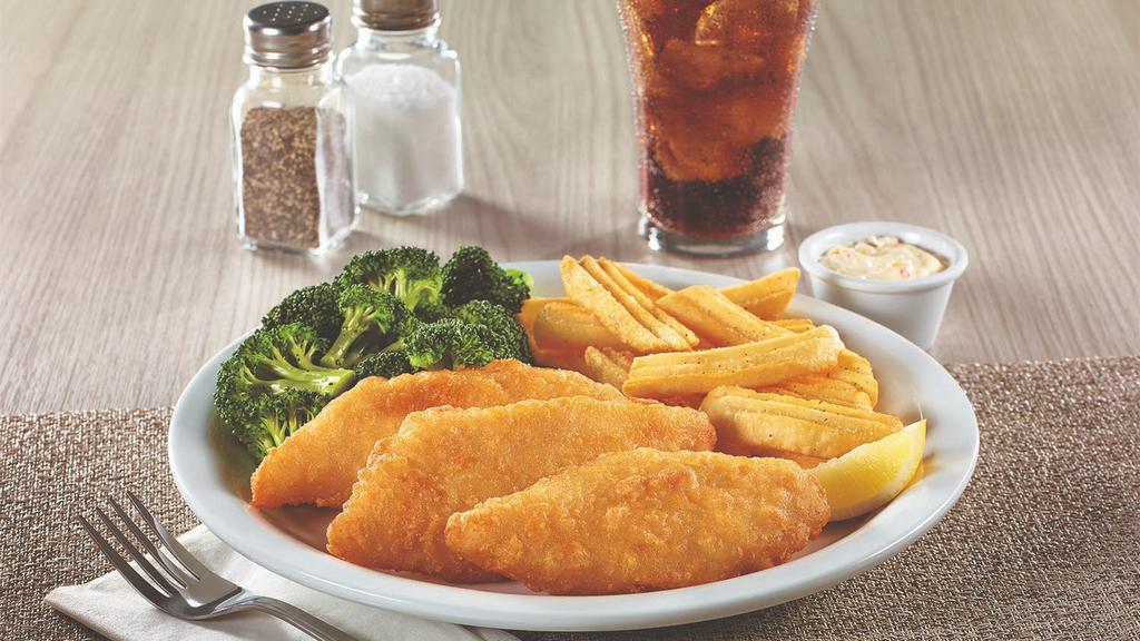 New! Classic Battered Fish Fillets  · Wild-caught Alaska pollock fillets fried . golden-brown, plus tartar sauce. Served with two sides and dinner bread..