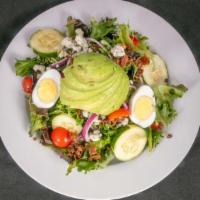 Cobb Salad · Mixed greens with hard-boiled eggs, bacon, crumbled bleu cheese, fresh avocado, cherry tomat...