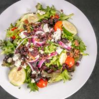 Cape Cod Salad · Spring mix, dried cranberries, chopped bacon, crumbled bleu cheese, red onion, cucumbers, ch...