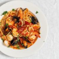 3 Shells Fra Diavolo · Shrimp, clams, and mussels over linguine in homemade spicy fra diavolo sauce.