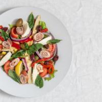 Franco Special Salad · Prosciutto, fresh mozzarella, provolone, roasted red peppers, marinated artichoke hearts, It...