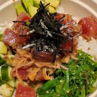 Classic Tuna Poke Bowl · Hawaiian Style; Bluefin Tuna with Goma Shoyu (Japanese sesame oil dressing), seaweed salad, ...