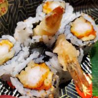 Shrimp Tempura Roll · Shrimp tempura, tobiko, cucumber, and spicy sauce.