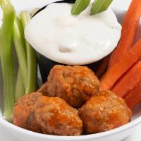 Buffalo State Chicken Balls · Six small buffalo chicken balls, served with celery, and blue cheese.