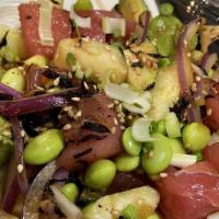 Red Poke Bowl · Tuna, red onion, hijiki seaweed, cucumber, edamame, avocado, green onion, sesame seeds with ...