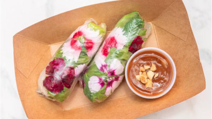 Garden Rolls (Vegan) · Tofu, shiitake mushrooms, vermicelli noodles with lettuce, cucumber, cilantro & mint wrapped in rice paper & served with a homemade peanut dipping sauce on the side.