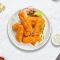 Buffalo Buffer Chicken Tender · Chicken tenders breaded and fried until golden brown before being tossed in buffalo sauce.