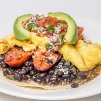 Huevos Rancheros · Grilled corn tortilla, two eggs, black beans, chorizo, avocados,cotija cheese, fresh salsa a...
