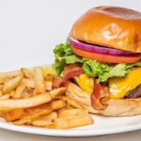 Bacon Cheese Burger · Grill fresh 8oz steak burger patty, american cheese, bacon, lettuce, tomato, onions on grill...