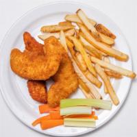 Kids Chicken Fingers · Fried chicken tenders served with fries or fruit