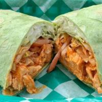 Buffalo Chicken (Wrap) · Chicken breast, hot sauce, tomato, onion, lettuce, blue cheese dressing, & spices.