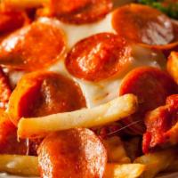 Pizza Fries · Golden French fries topped with pizza sauce and shredded mozzarella cheese.