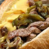 Philly Cheese Steak · Grilled top sirloin with grilled peppers & onions and topped with American-swiss & cheddar c...