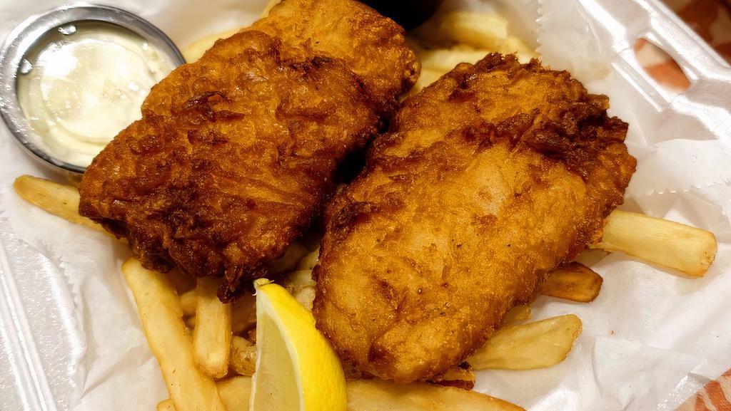 Fish 'N Chips · Alaskan cod, seasoned fries, house slaw, tartar.