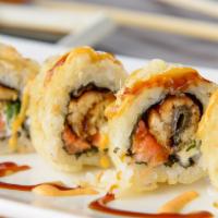 Bagel Roll · Deep fried roll with eel, smoked salmon, cheese and scallion.