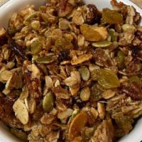 House Made Granola With Dried Fruit & Nuts · Oats, cranberries, golden raisins, almonds, pecans, coconut, brown sugar, maple syrup, sunfl...