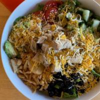 Barbeque Chicken Salad · Romaine, grilled chicken, cucumbers, tomatoes, avocado, black bean, roasted corn, jack and c...
