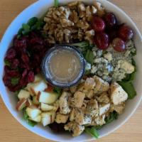 Fall Harvest Salad  · Romaine, Organic Mesculin, Organic Baby
Spinach, Roasted Chicken, Red Grapes,
Crisp Apples, ...
