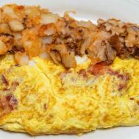 Cheese Omelette · Choose American cheese, Cheddar, Swiss, provolone or feta, made with six eggs served with ho...