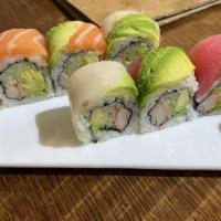 Rainbow Roll · Crab, avocado, cucumber, topped with salmon tuna, white fish avocado.