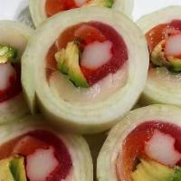Naruto · Cucumber wrapped with tuna salmon white tuna crab and avocado with ponzu sauce, masago and s...