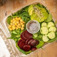 Vegan Cobb Salad · Beets, Chickpeas, Avocado, Cucumber, Mixed Greens, and  Balsamic Dressing.