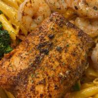 Wild Salmon & Shrimp Alfredo · Your choice of grilled or fried Wild Salmon and Shrimp, roasted broccoli, peppers and onions...
