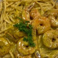 Grilled Shrimp Pesto Pasta · 