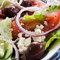 Greek Salad · Romaine lettuce, feta cheese, onions, cucumber and Kalamata olives.
