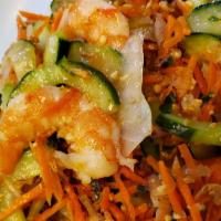 Shrimp & Cucumber Salad · Shrimp, shredded cucumber, and carrot, roasted peanuts, and onion and selected herbs tossed ...