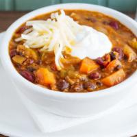 Vegetarian Chili · house made vegetarian chili | brown rice | sour cream | cheddar cheese | grilled corn bread ...